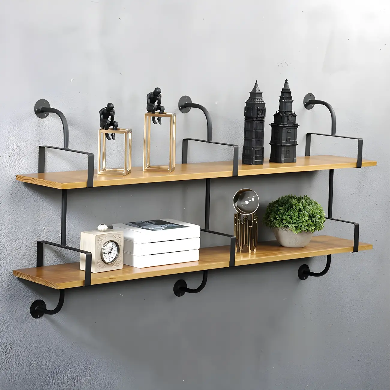 Simple 2-Tier Wood Metal Wall-Mounted Bookcase