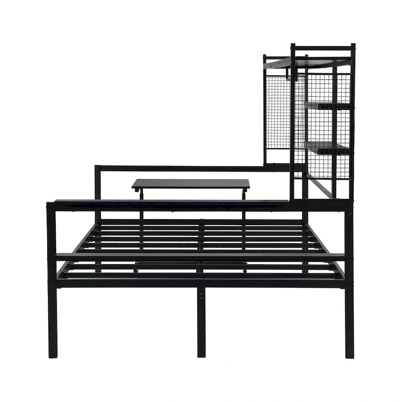 Metal Daybed with Movable Desk, Shelves and Clothes Hanger