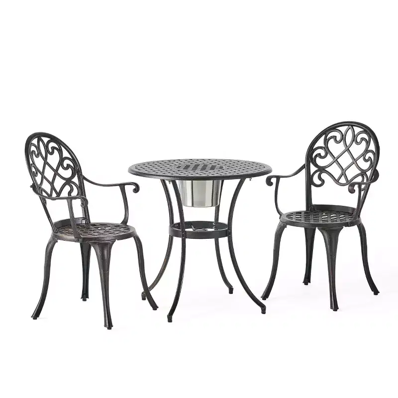 GDFStudio Berthoud Outdoor Cast Aluminum 3 Piece Bistro Set with Ice Bucket, Black Copper