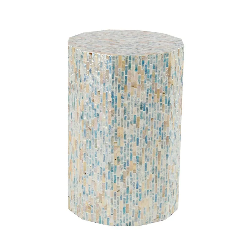 Mother of Pearl Shell Handmade Mosaic Inlay Drum Side End Accent Table - Blue