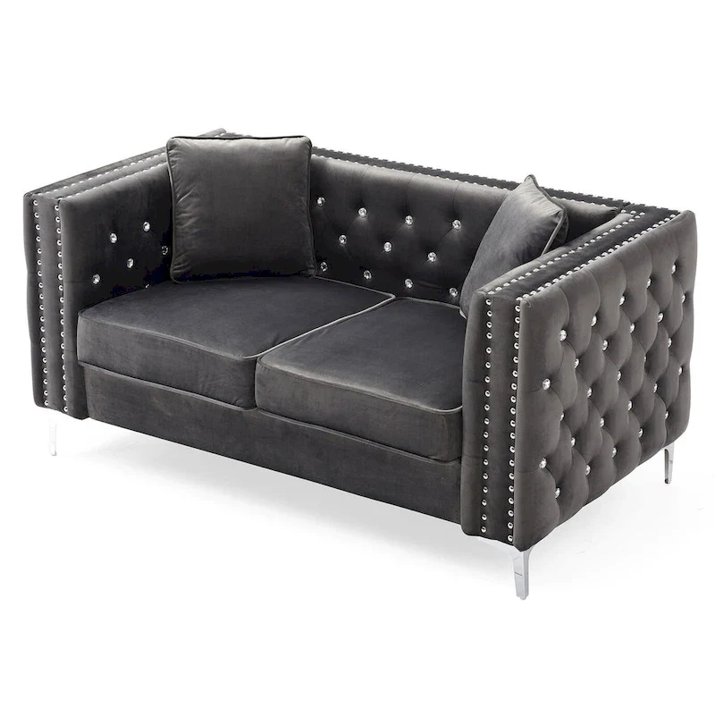 Tufted Nailhead Trim Velvet 2-Seater Sofa with Throw Pillows - 63  - Gray