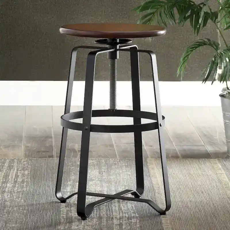 Adjustable Bar Stool with Chestnut Wood Seat and Black Metal Base