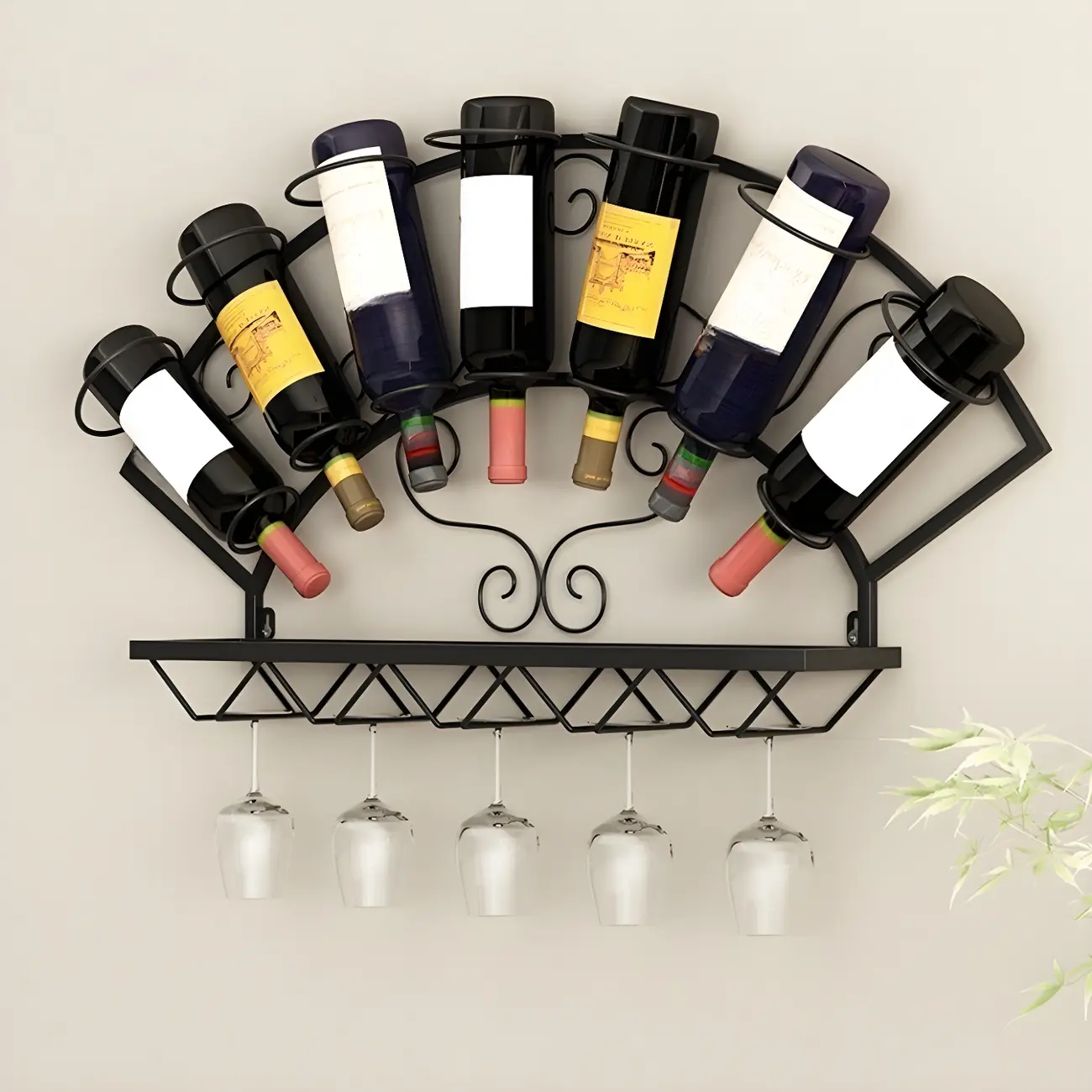 Fan-shaped Simple Metal Wall-Mounted Wine Bottle & Glass Rack