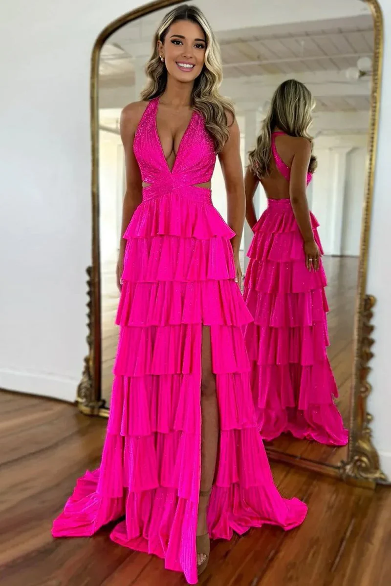 Hot Pink - A-Line V Neck Satin Beaded Long Prom Dresses With Ruffles