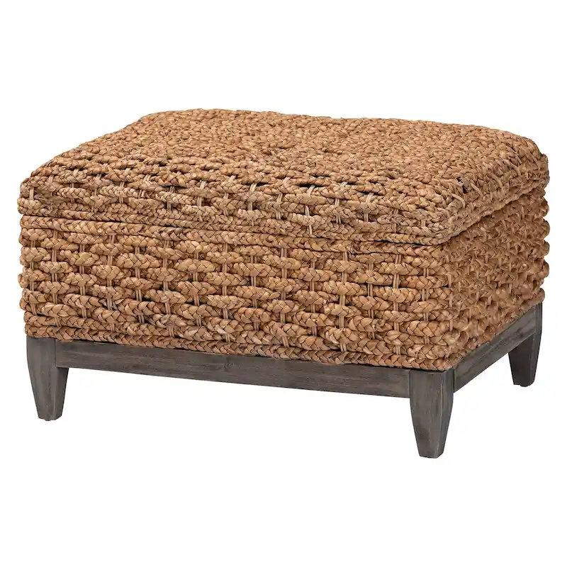 Bailey Handwoven Seagrass Storage Ottoman with Lift-Top - Rustic Wicker Trunk or Footrest for Living Room or Entryway