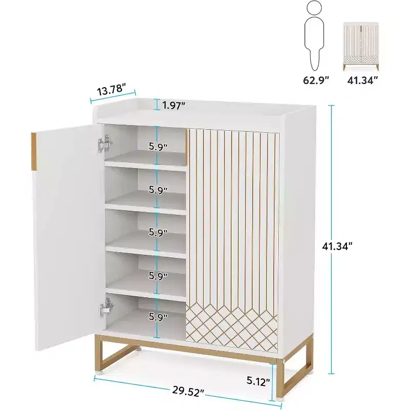 Lantine 5-Tier Wooden Shoe Cabinet with Doors, Stores 25 Pairs, Modern White Organizer for Entryway, Living Room, Bedroom, Hallway, Closet.