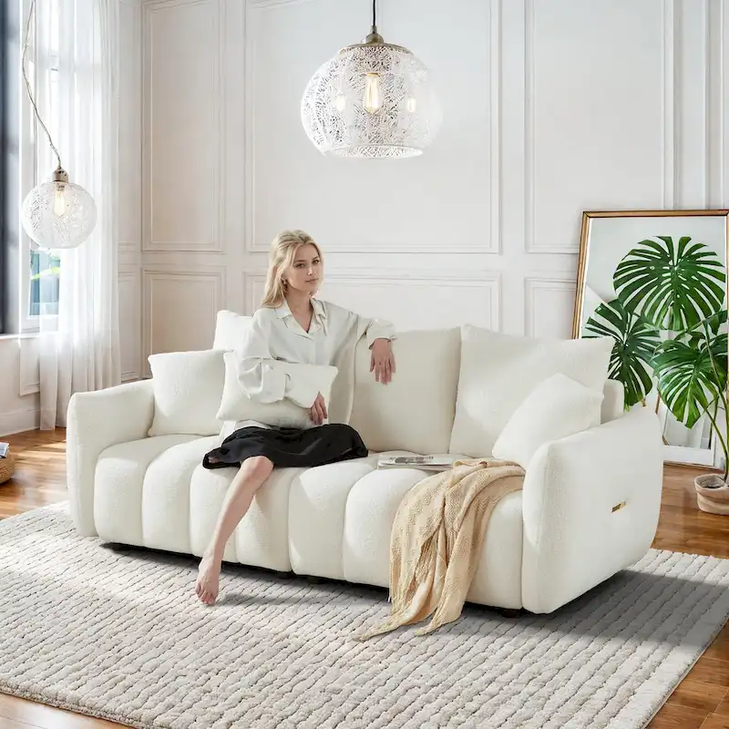 Overstuffed Deep Seat Fabric Sofa with 3 Throw Pillows, Plush Upholstered Living Room Couch