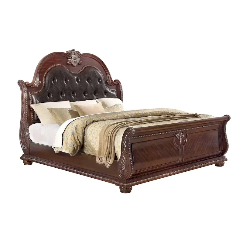 Mano King Bed, Faux Leather Upholstery, Classic Floral Carved, Brown Wood