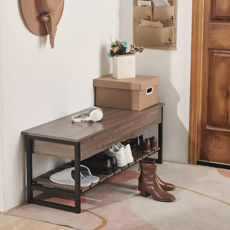 Lift-Top Shoe Storage Bench with Shelf, Walnut/Gray Finish, 47.2