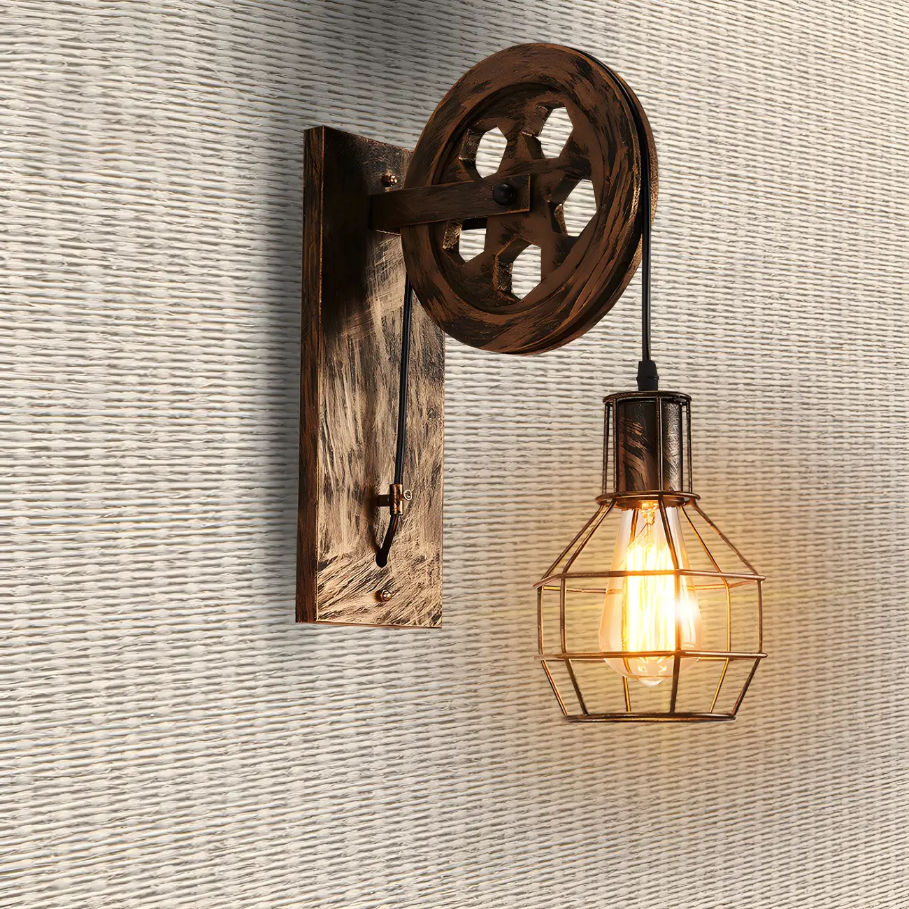 Industrial Bronze Cage Wall Sconce with Pulley & Swing Arm