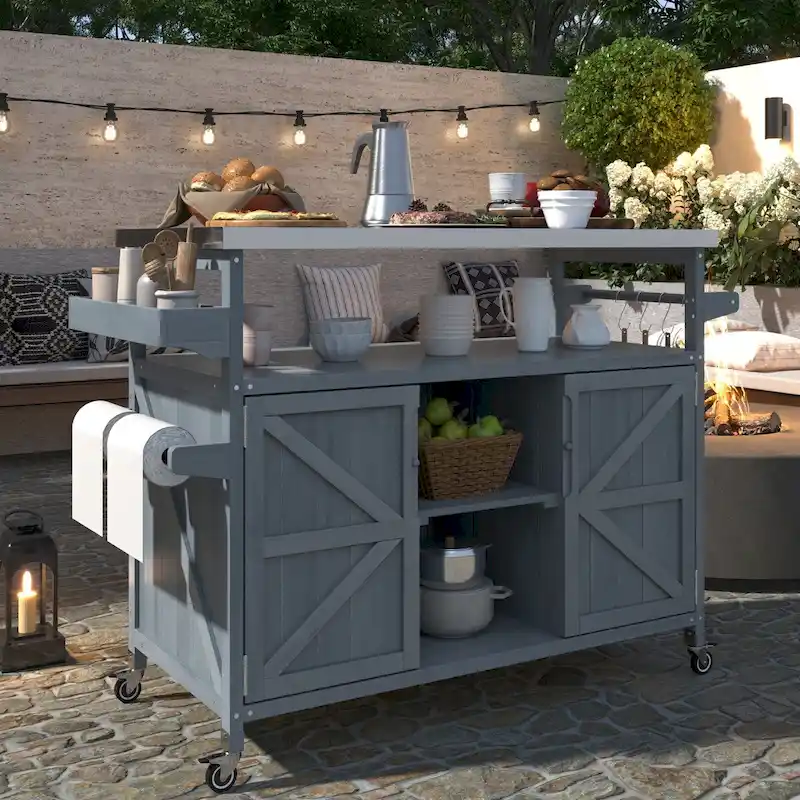 Farmhouse Solid Wood Outdoor Kitchen Island with Stainless Steel Top
