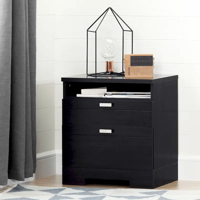 2-Drawer Nightstand with Cord Catcher – White / Black / Brown / Grey, 1-Person Assembly