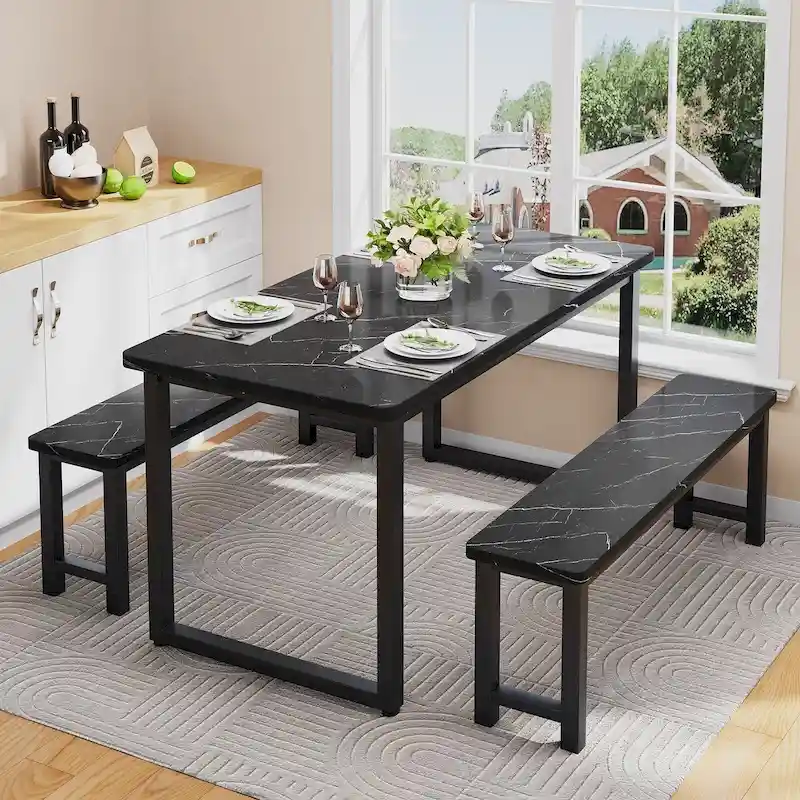 3-Piece Industrial Style Dining Table & Bench, Marble Veneer