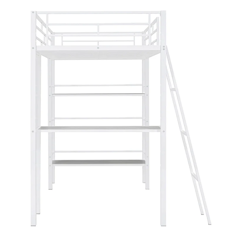 White Twin Loft Metal Bed with Shelves