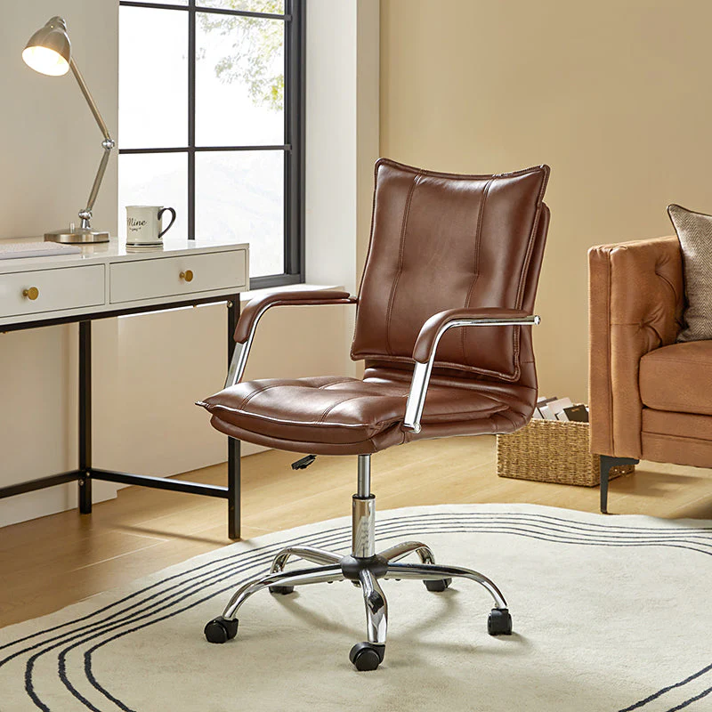 PU Leather Wingback Task Chair with Tufted Back, Padded Arms, Adjustable Height & 5-Caster Swivel Base | Brown / Grey / Black / Sage / Camel / White | Single Seat