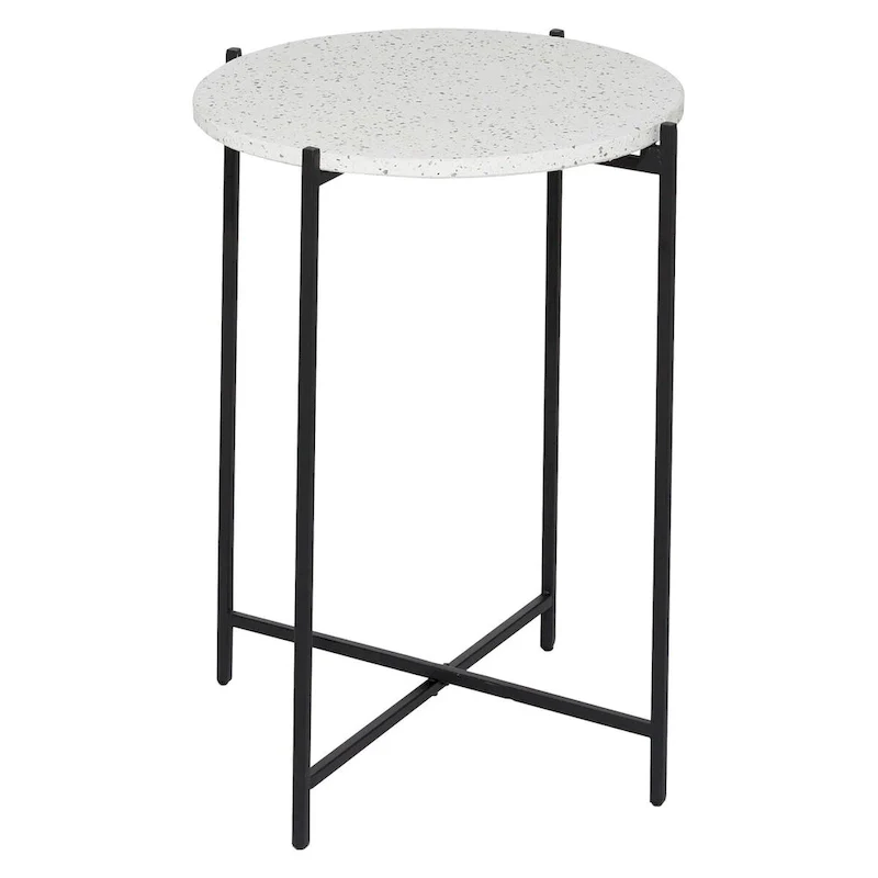 Terrazzo Stone Side End Accent Table with Black Metal X-Stand - White - Roche River Decor