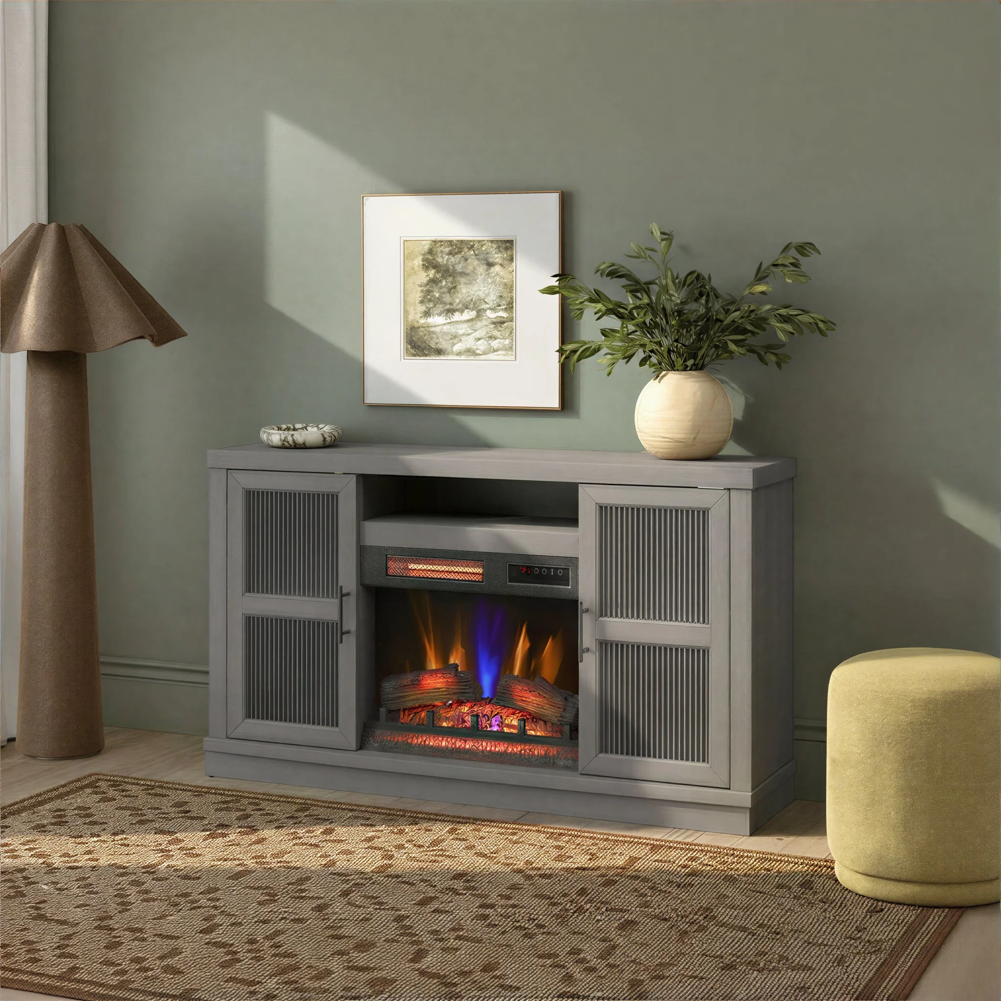 duraflame? Reeded Glass Door Electric Fireplace TV Stand Media Console