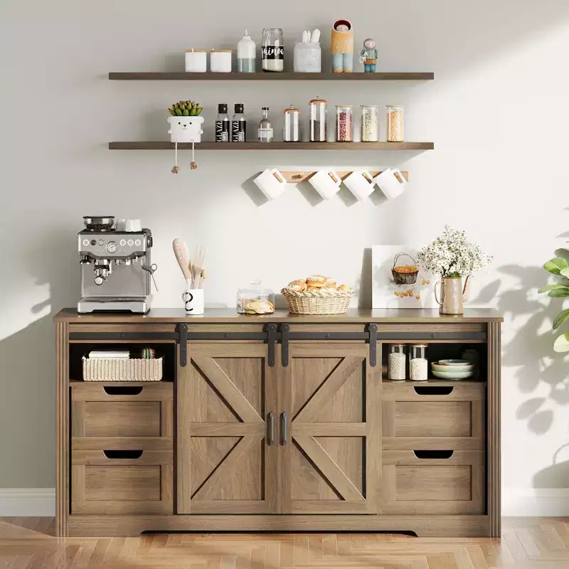 66 Farmhouse TV Stand for Up to 70 Inch TV, 32 Tall Entertainment Center with 4 Drawers & 2 Sliding Barn Doors, for Living Room Office