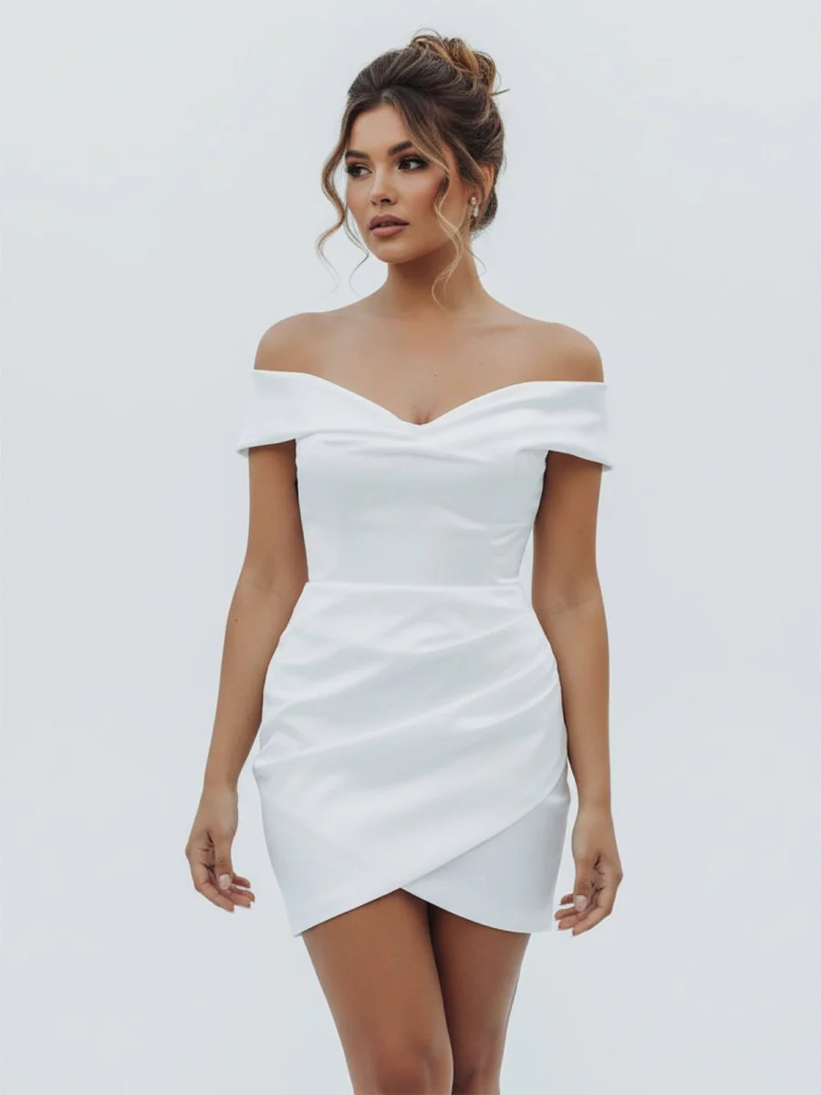 Sheath Off-the Shoulder Satin Simple Wedding Dress Sleeveless Short Hemline