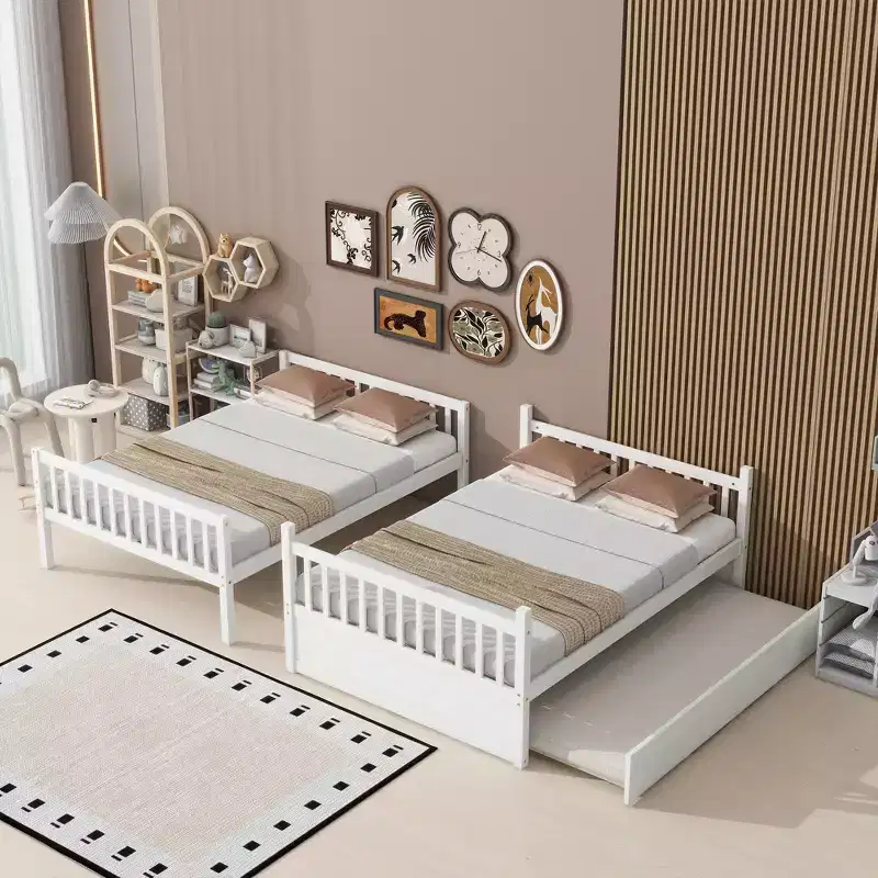 MAYEERTY Full Rubber Wood Bunk Bed with Trundle Ladder and Guardrails Convertible to 2 Full Beds White