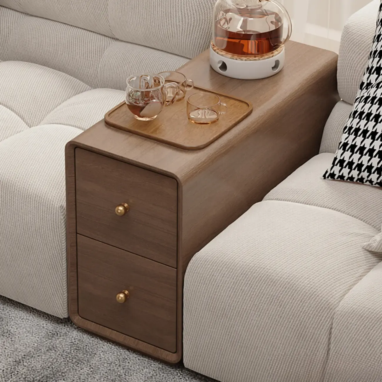 Narrow Rectangle Walnut Wood Side Table with Drawers