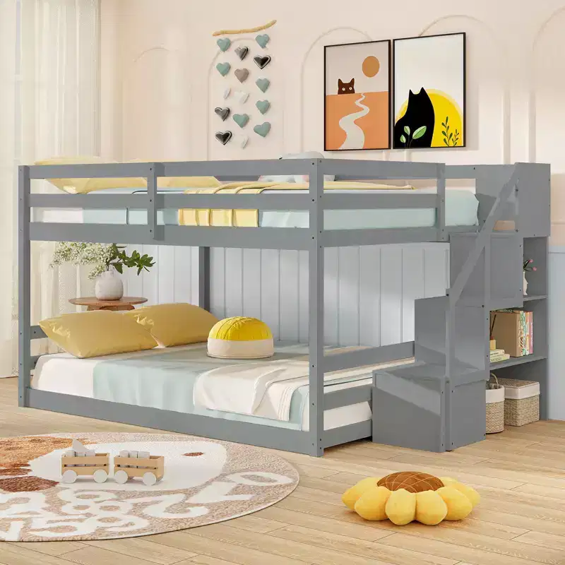Costway Full Over Full Low Bunk Bed with Storage Stairs with Full-length Guardrails White/Gray