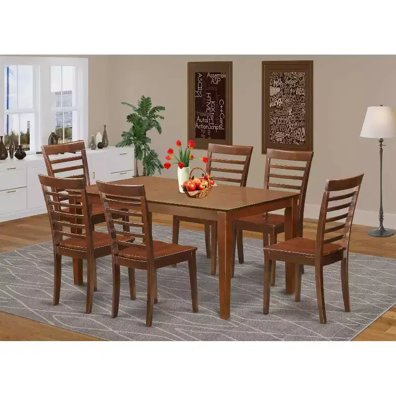 HomeStock 7-Piece Rectangle Mahogany Finish Solid Wood Top Dining Table with 6 Chairs