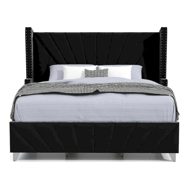 Ambrosia Glam Black Fabric Upholstered Nailhead 3-Piece Panel Bedroom Set by Furniture of America