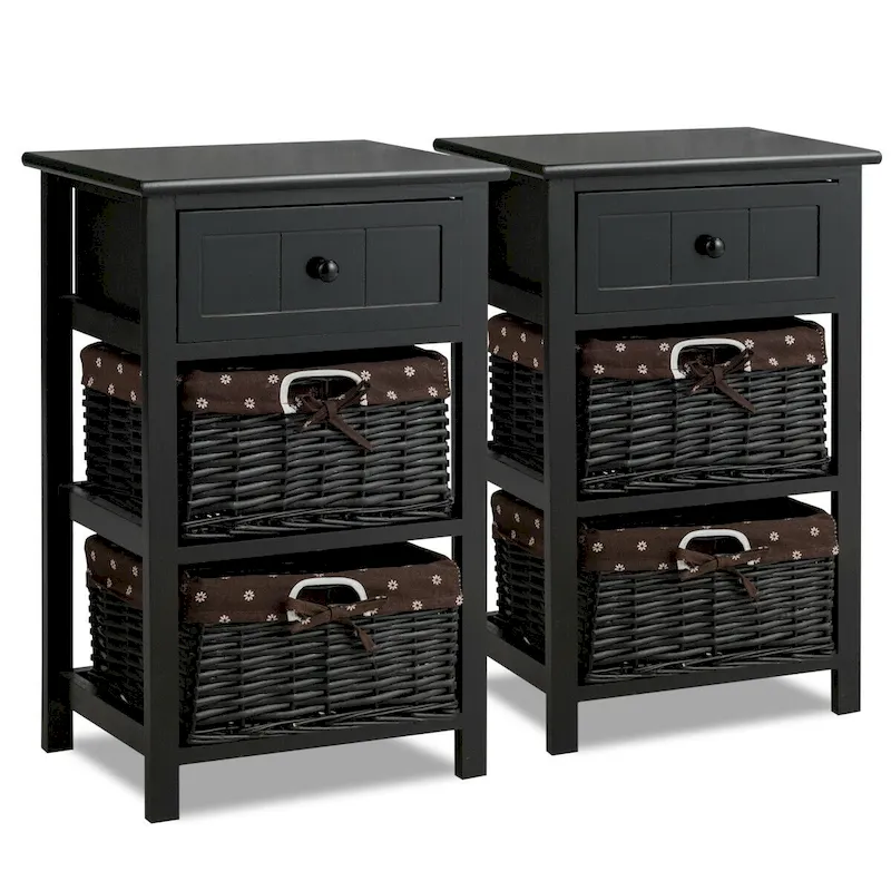 3 Layer Set of 2 Wooden Bedside End Table with 2 Wicker Baskets and 1 Drawer - 16 x 12 x 25(L x W x H)
