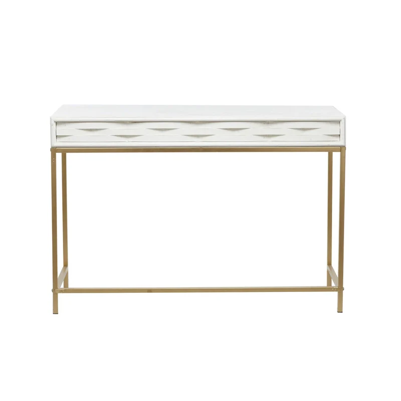 Wooden 2 Drawers Console Table with Gold Metal Frame - White