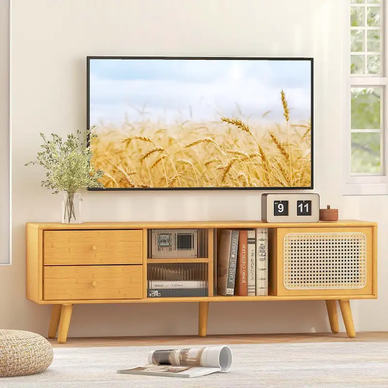 Natural / Brown Bamboo TV Stand with Rattan Glass Doors & 2 Drawers - Single Use