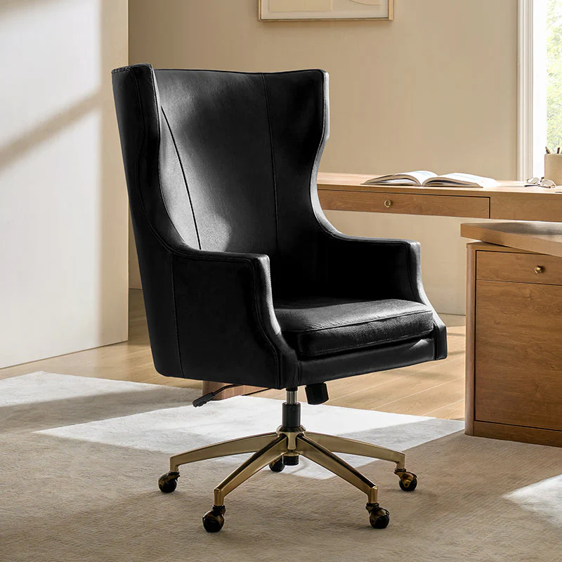 Genuine Leather Wingback High-Back Office Chair with Adjustable Height, Tilt Function & Swivel Base | Camel / Black / Navy / Brown | Single Seat