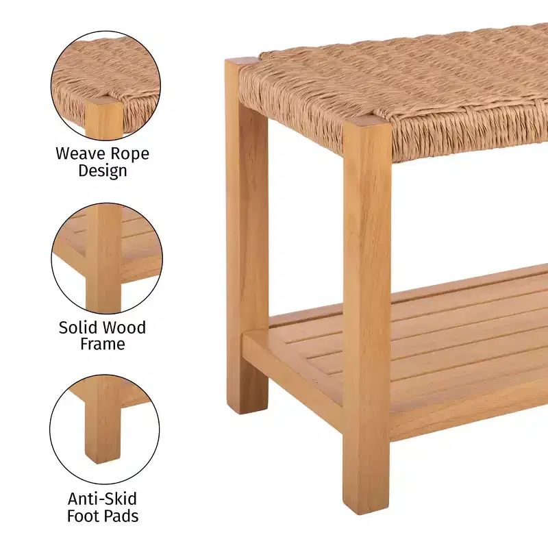 Alaterre Furniture Bench with Handcrafted Woven Rope Seat - Newport 40 in. Wood Bench with Storage Shelf for Entryway or Bedroom