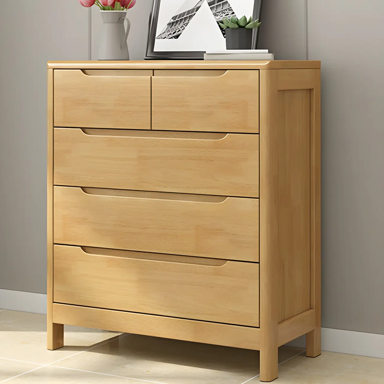 Narrow Rubberwood Natural Finish Double Dresser for Bedroom