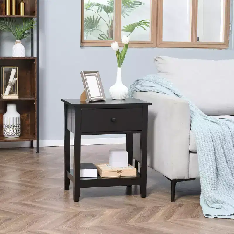HOMCOM Side Table, Modern End Table with Storage Drawer and Shelf, Living Room, Set of 2, Black