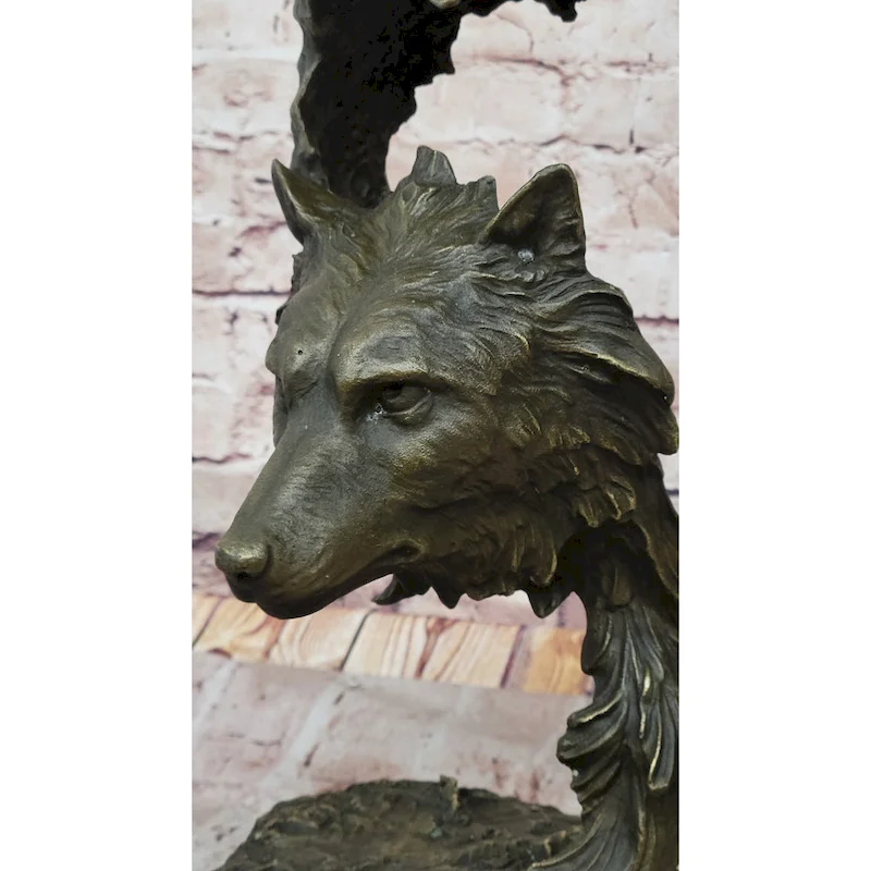 Howling Wolves Bronze Sculpture  Striking Dual Imitative Wolf Heads On Marble Base