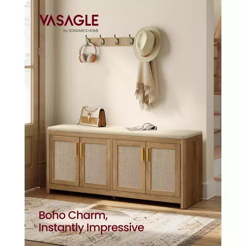 VASAGLE ELLAN Collection - Boho Shoe Bench with Cushion, Entryway Storage Bench with 4 Rattan-Look Cabinet Doors, Adjustable Shelf, Natural Brown