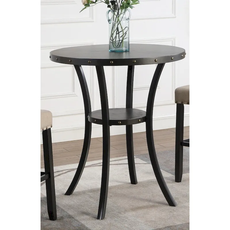 Biony 3-Piece 36 Round Espresso Finish Bar Table with 2 Tan Fabric Nail Head Pub Chairs