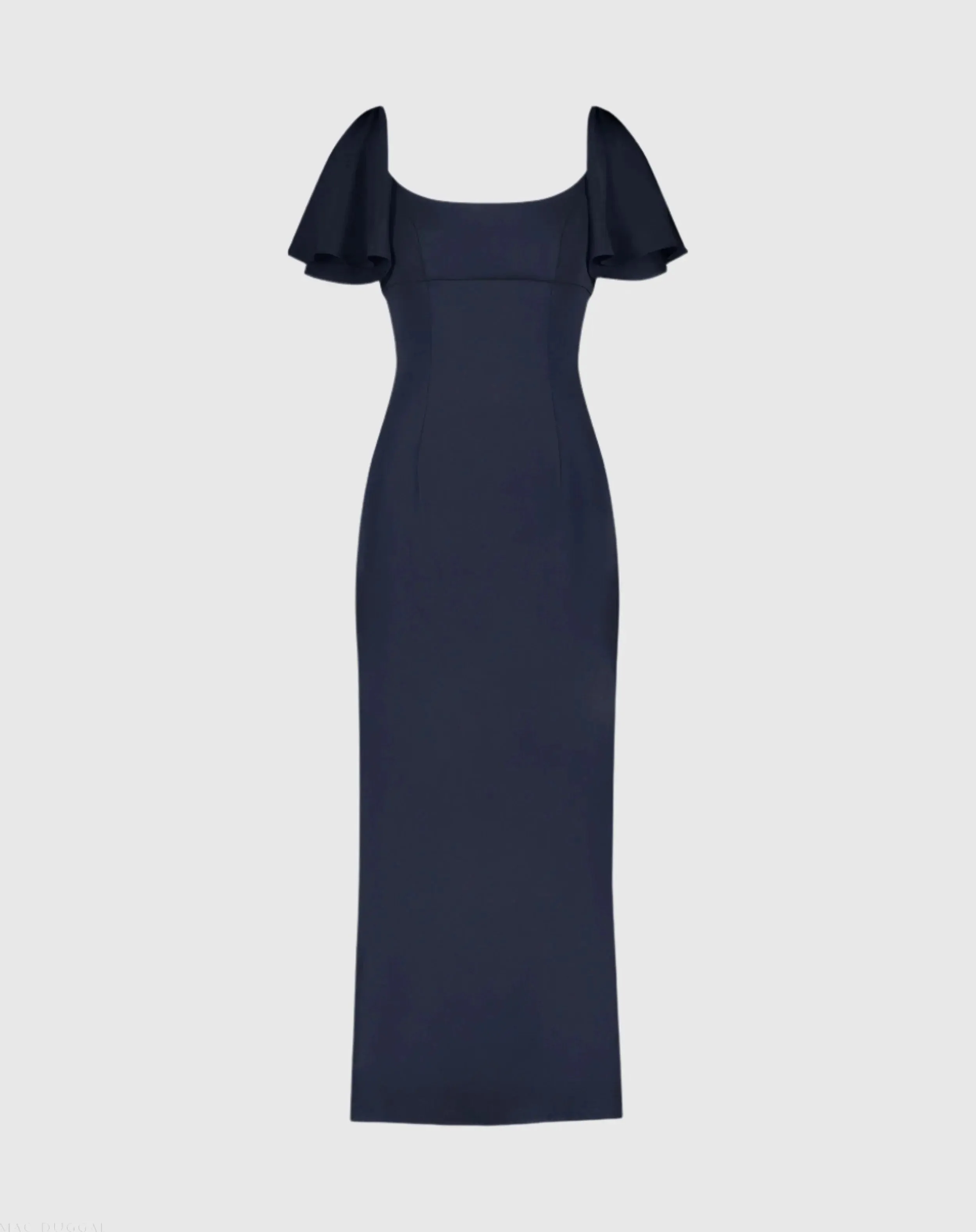 Navy Crepe Fitted Column Dress With Short Ruffle Sleeves - FINAL SALE