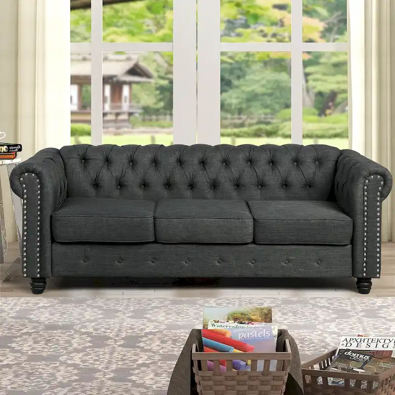 Linen Chesterfield Sofa with Button Tufted, Nailhead and Solid Wood Legs for Living Room