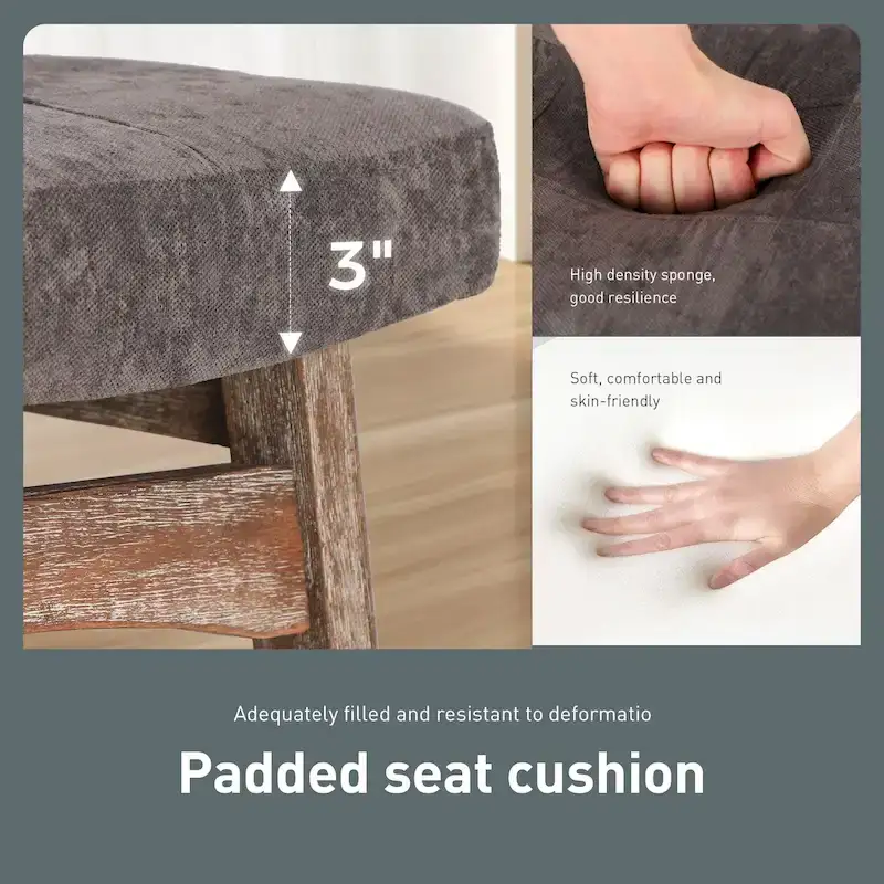 24 Inch Solid Wood Barstools with Linen / PU Leather Fabric Cushion, Set of 2