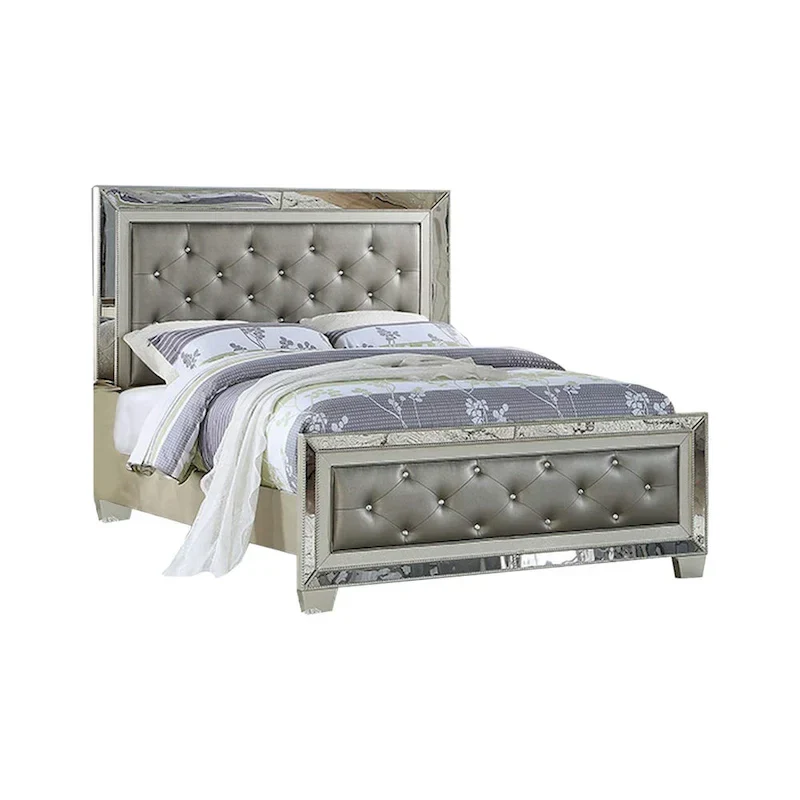 Reva Queen Bed, Mirror Inlaid, Button Tufted Gray Faux Leather Upholstery