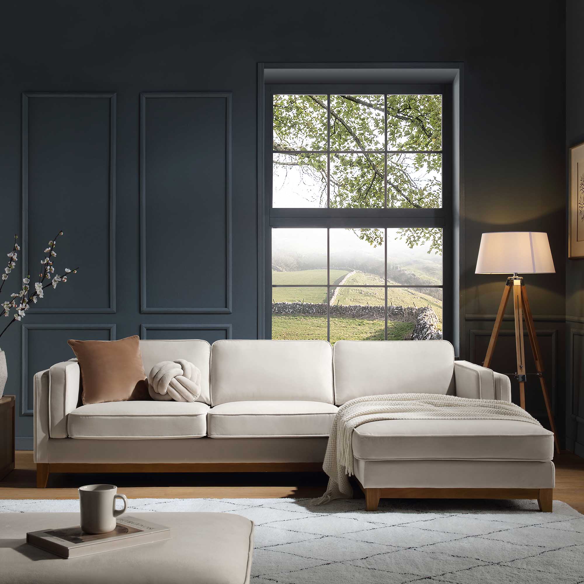 Champagne Velvet Sofa, Grande Chaise Sofa Right Hand Facing