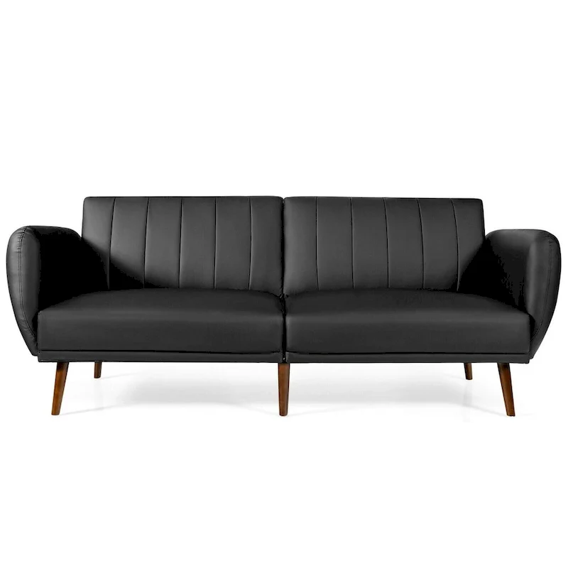 Convertible Futon Sofa Bed - Black PU Leather - Adjustable 3-Position