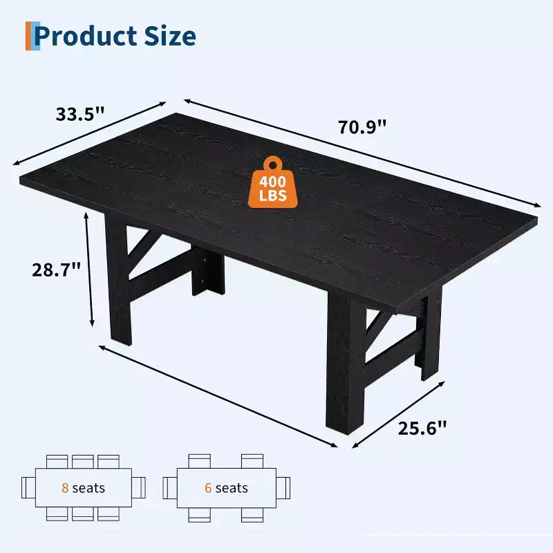 70.87 Large Farmhouse Dining Table for 6-8,Rectangular Kitchen Table with Heavy Duty X-Shaped Steel Frame&Thick Wood Grain Top for Family Gatherings