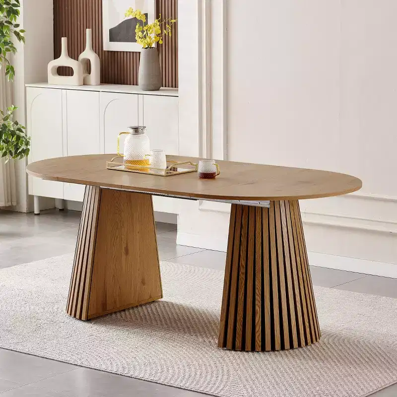 Modern Extendable Round Dining Table, Space-Saving Oval Table with Slatted Legs, Multi-Functional Kitchen, Tea Table or Office Desk-Panipeachy