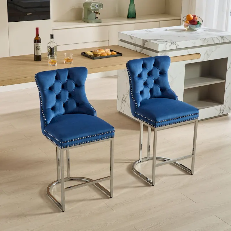 Modern 25 Bar Stools with Buttoned Back Studded Trim Chrome Metal Base Legs, for Dining Room Living Room and Bedroom