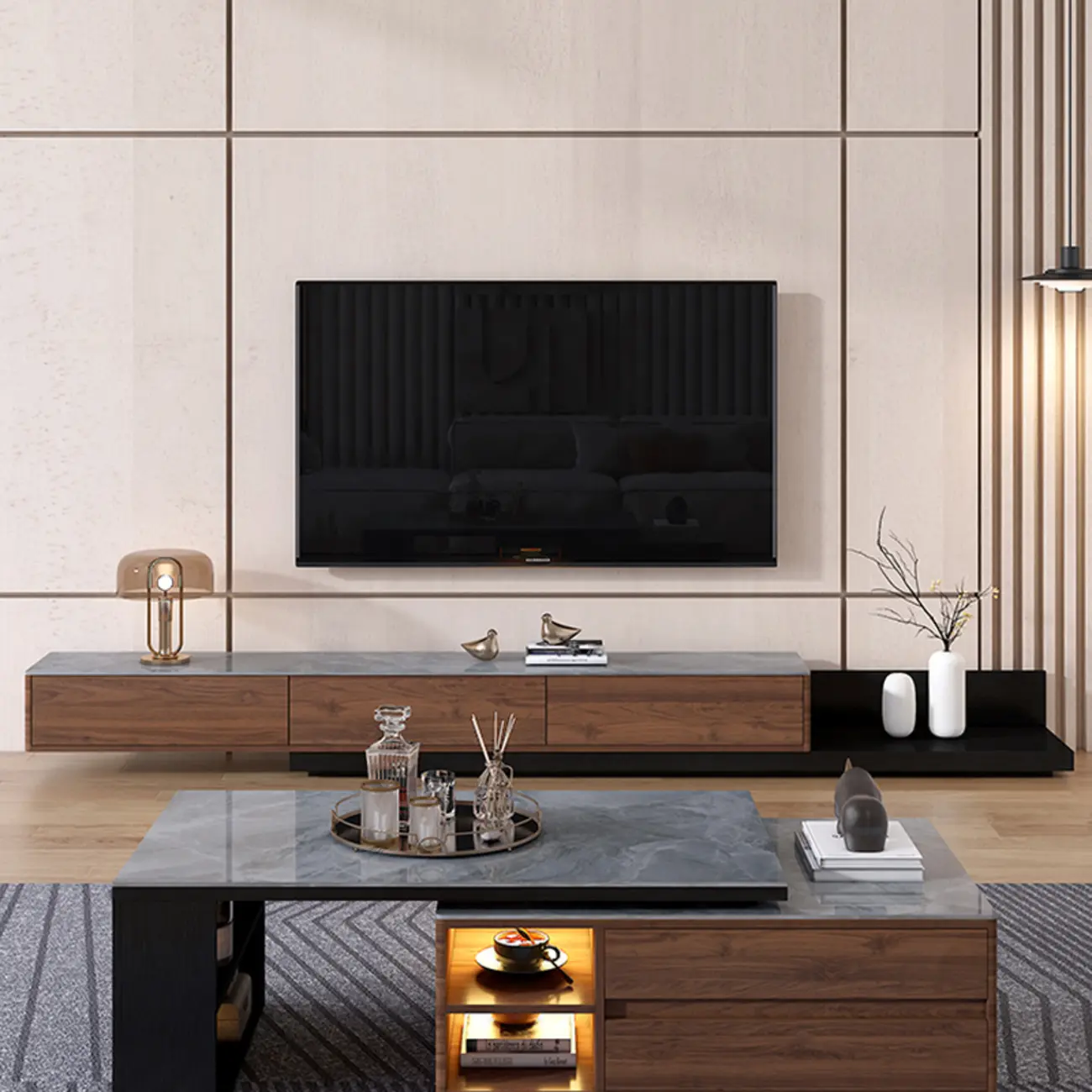 71 Walnut-Black Modern Stone TV Console with Drawers