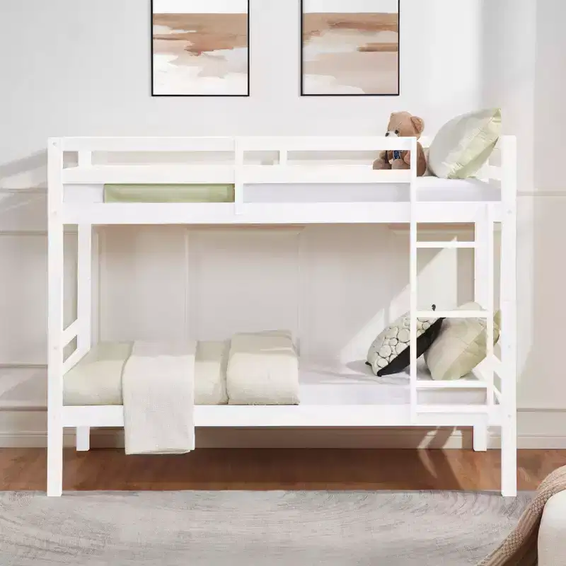 Twin over Twin Bunk Bed with Ladder  Wooden Frame with High Guardrails for Kids  No Box Spring Needed  Sturdy and Space-Saving  White