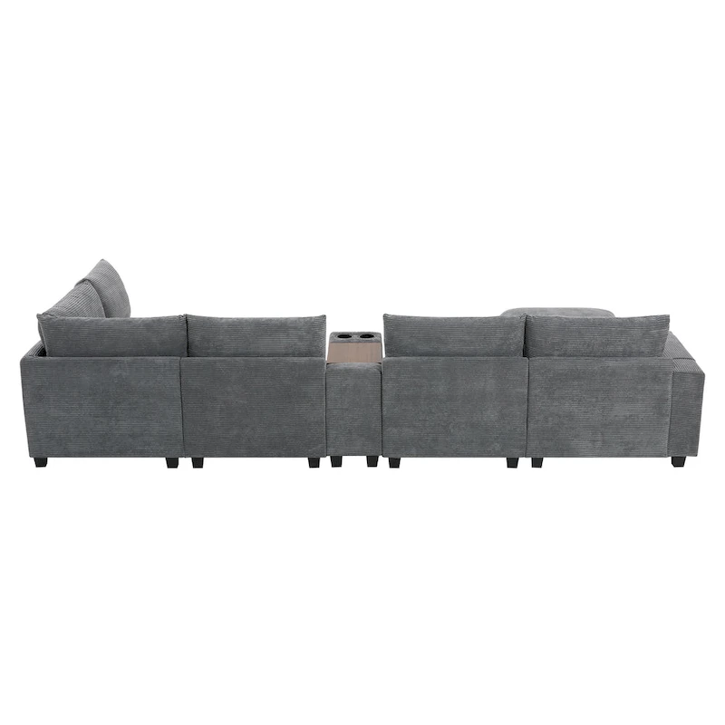U Shaped Chenille Sofa w/Ottoman,Console,Cup Holder,Wide Seat,USB